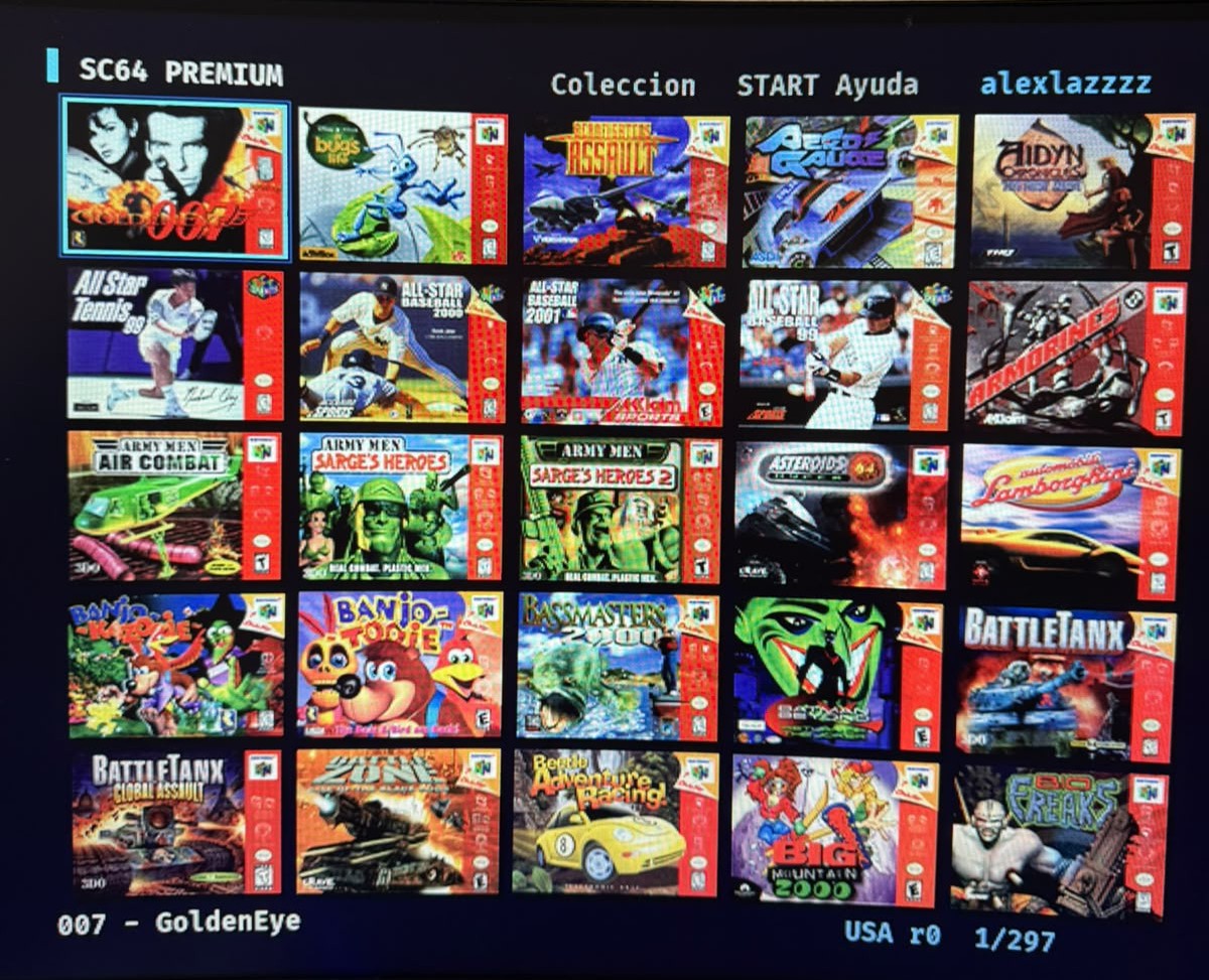 Captura de SC64 PREMIUM con su biblioteca de carátulas de Nintendo 64